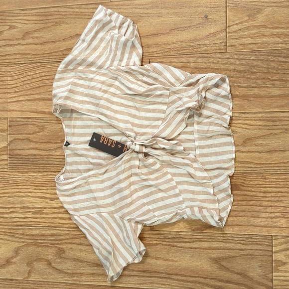 Linen blend tie-front crop top, tan and white, Ash + Sara 10 NWT - Picture 1 of 6